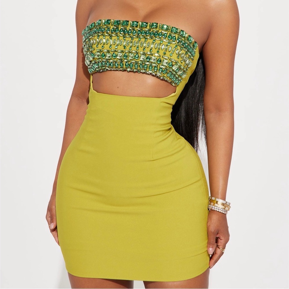 Fashion Nova Chartreuse Embellished Dress